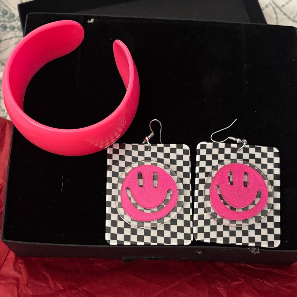80’s theme Pink and Black Checkered Earrings and bracelet